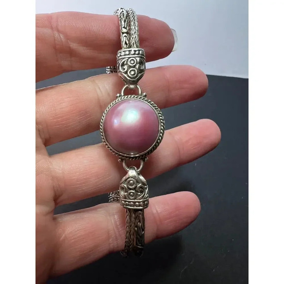Bali sterling silver pink mabe pearl toggle clasp bracelet - Picture 5 of 6